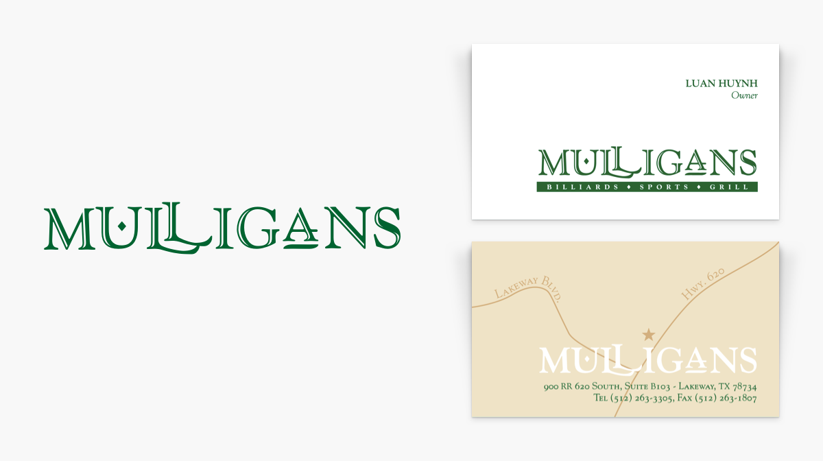 A logo for Mulligans restaurant and its application on a business card