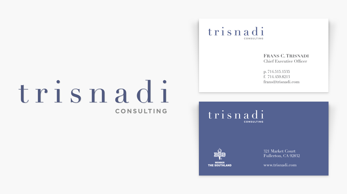 A logo for Trisnadi Consulting and its application on a business card