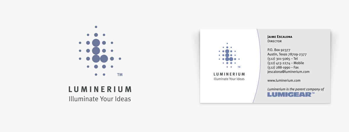 A logo for Luminerium, a collegiate apparel merchant, and its application on a business card