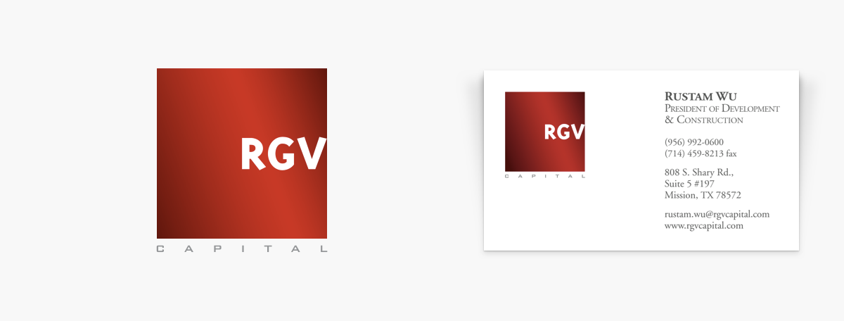 A logo for RGV Capital construction company and its application on a business card