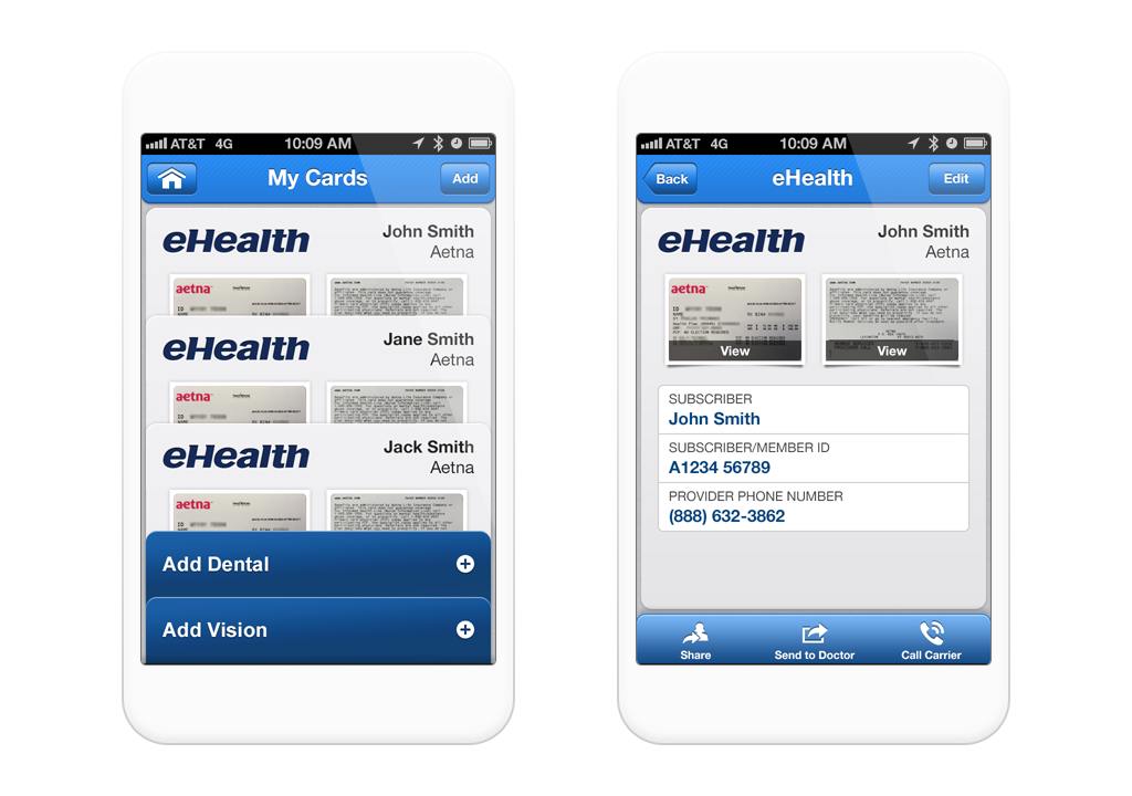 eHealth app, showing electronic insurance card management