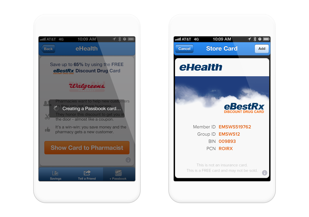 eHealth app, showing a way to add discount drug card to iOS Wallet