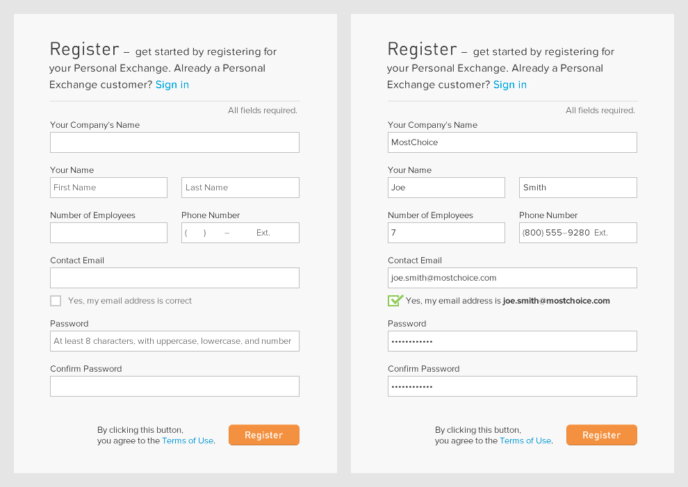 eHealth Personal Exchange, showing registration form user interface