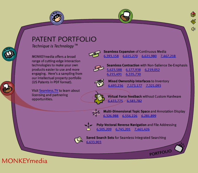 MONKEYmedia’s website, showing the intellectual property/patent portfolio page