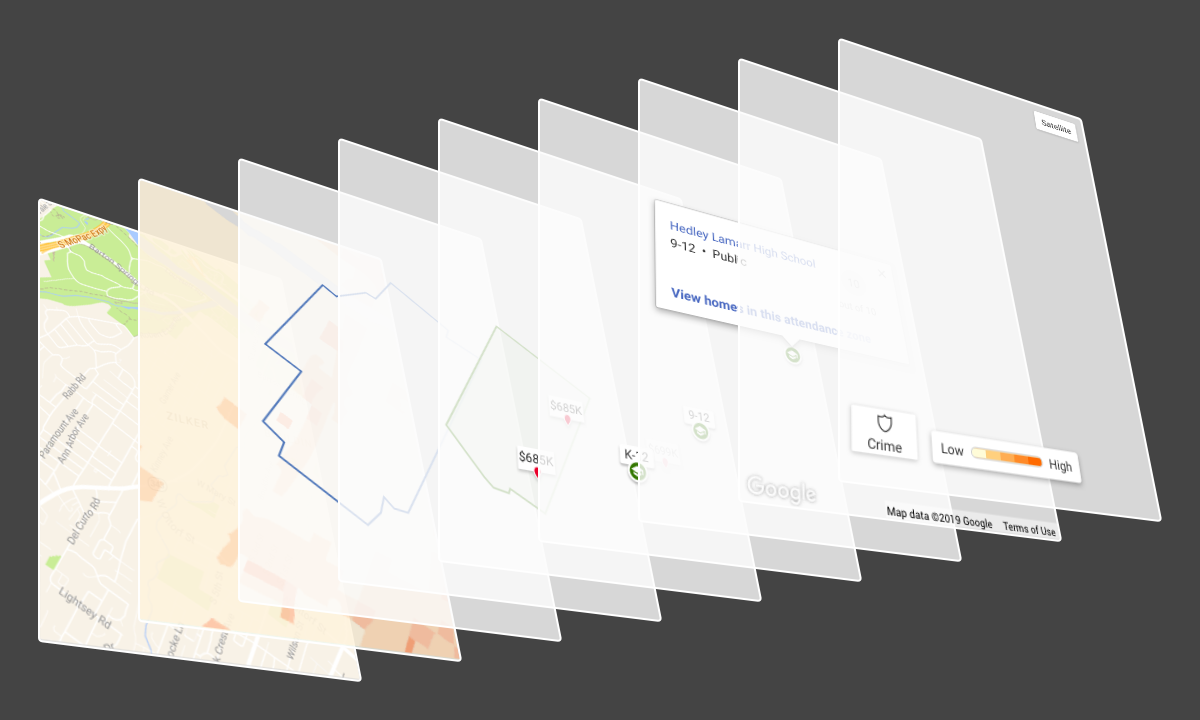 realtor.com map component, showing the layers and hierarchy of information