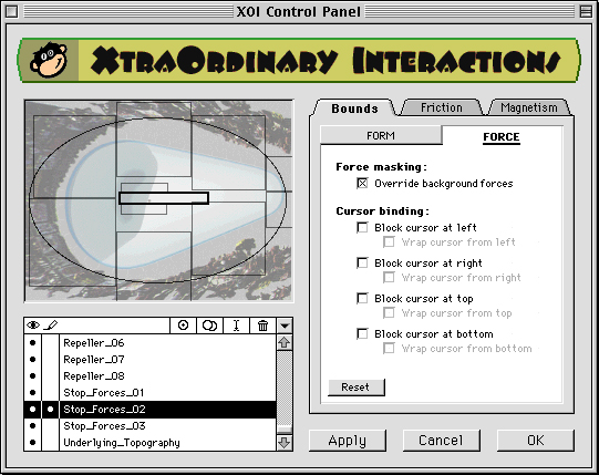 ExtraOrdinary Interaction control panel, showing parameters for bound’s force