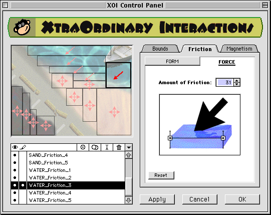 ExtraOrdinary Interaction control panel, showing parameters for friction’s force