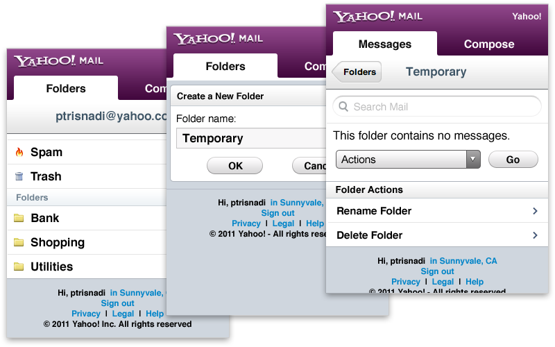 Yahoo for feature phones, showing a simplified folder creation flow