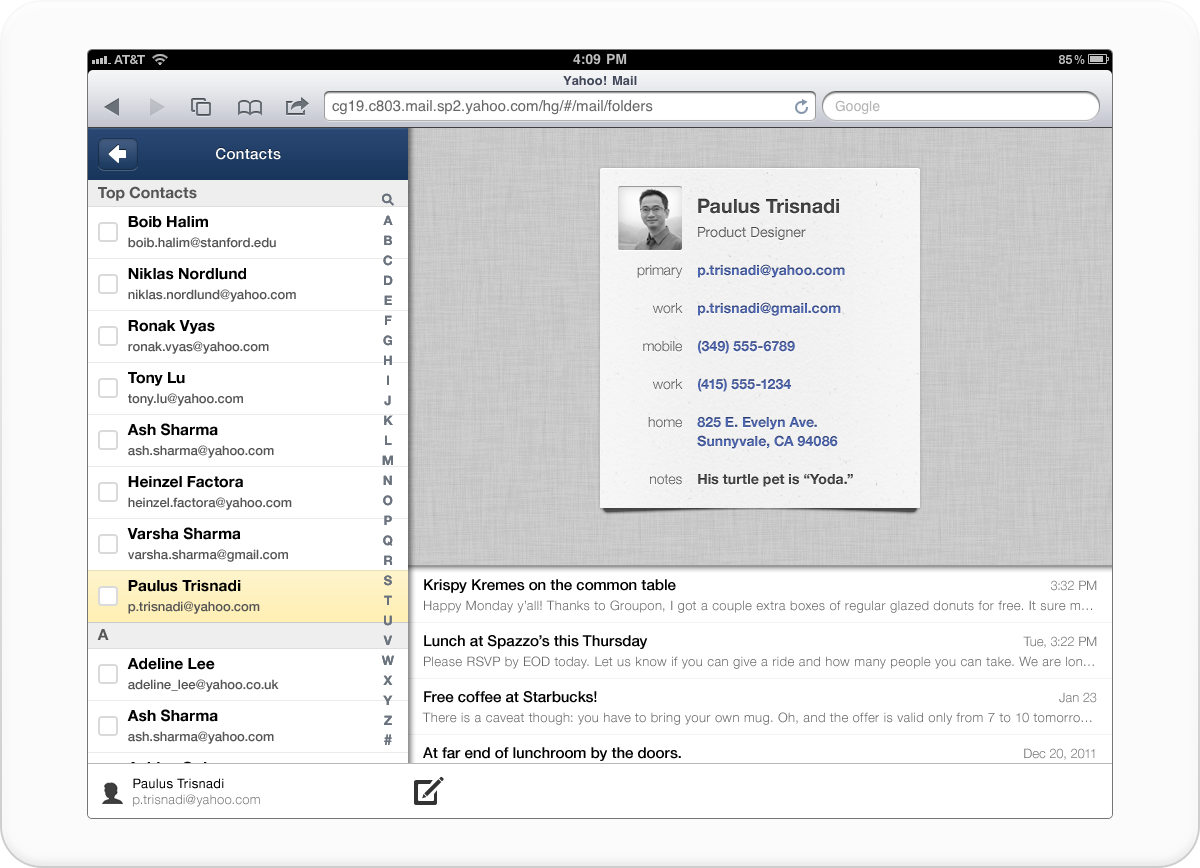 Yahoo Contacts for iOS, showing a complex contact card