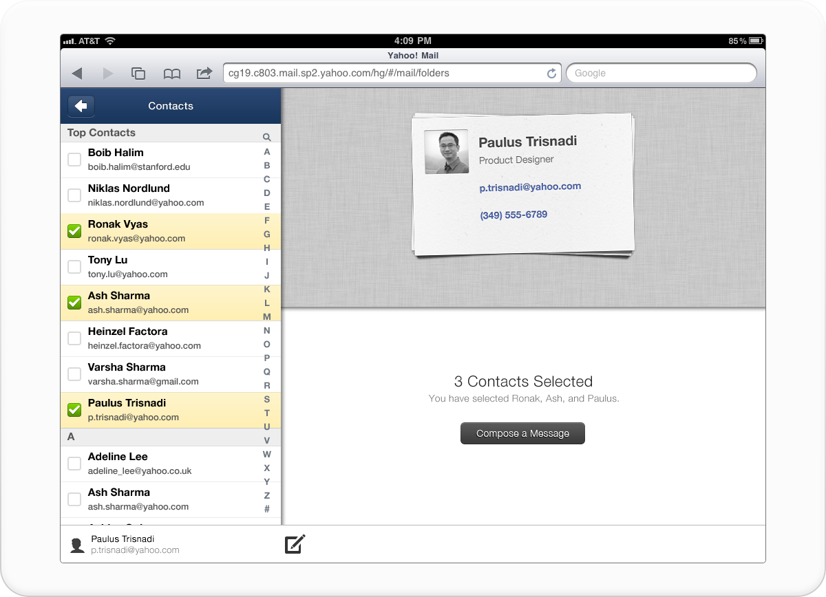 Yahoo Contacts for iOS, showing multiple contact cards selected