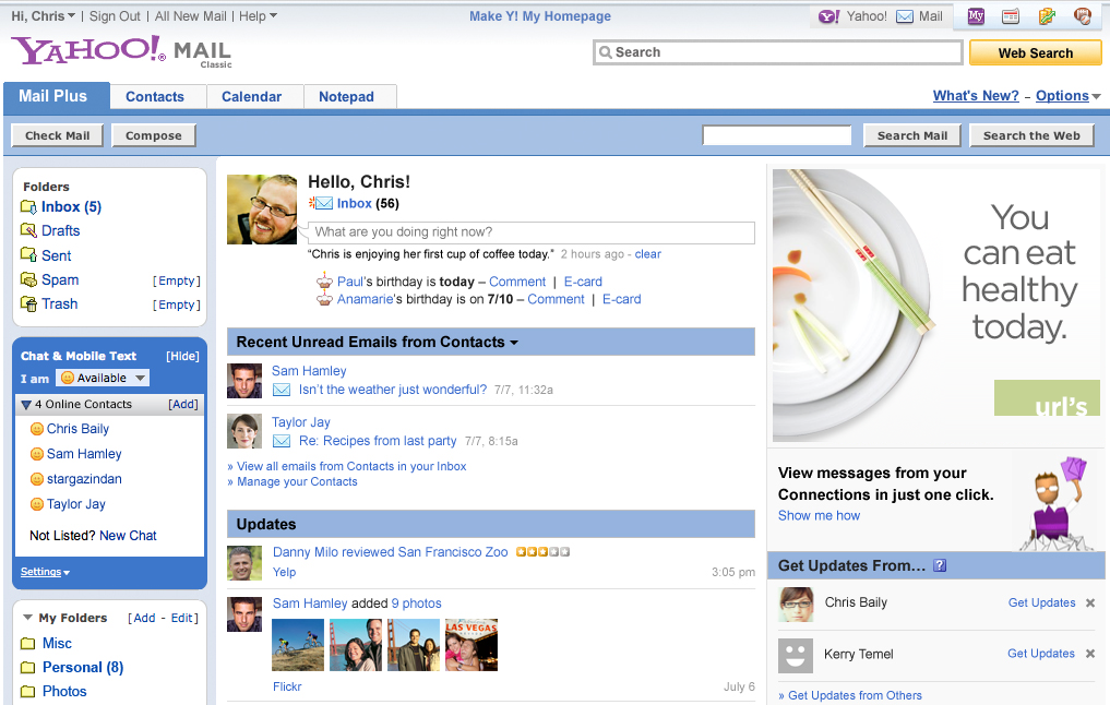 Yahoo Mail 2007, showing Messenger integration in a blue theme