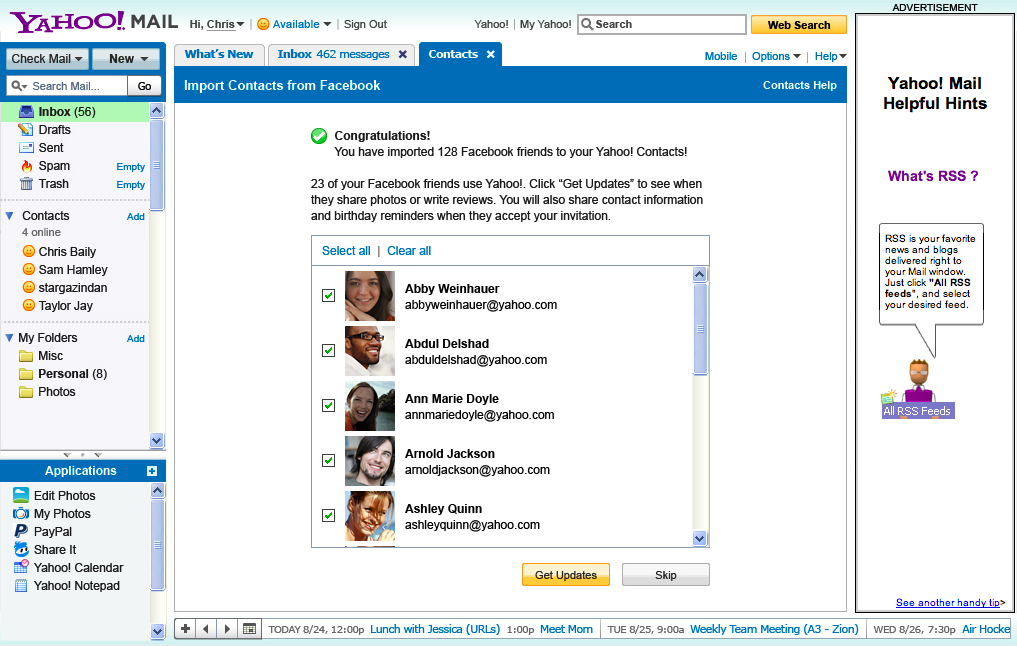 Yahoo Contacts 2007, showing an import flow