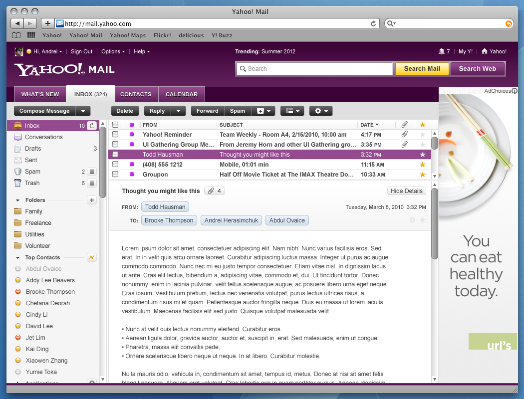 Yahoo Mail 2011, showing Inbox (as a row) and reading pane