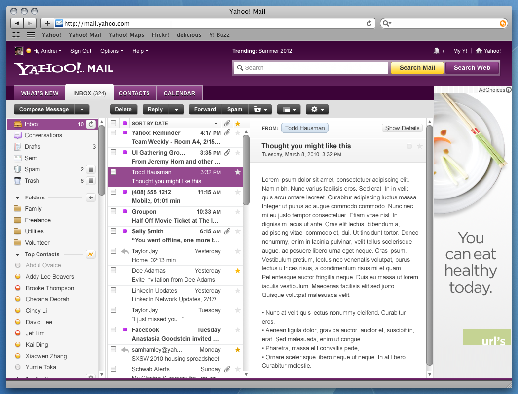 Yahoo Mail 2011, showing Inbox (as a column) and reading pane