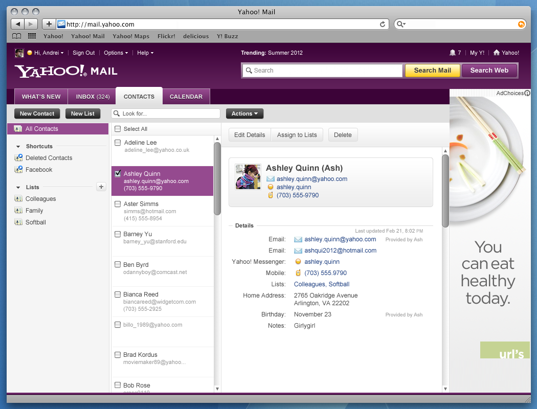 Yahoo Mail 2011, showing contact details