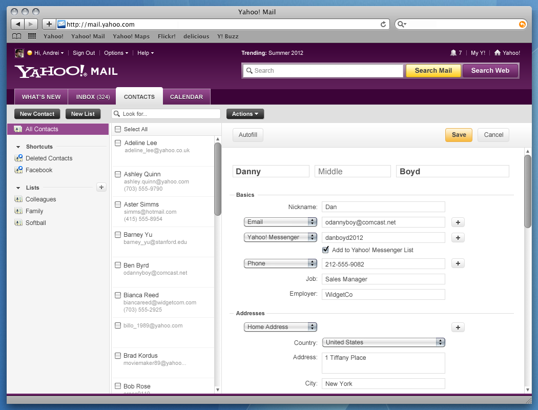 Yahoo Mail 2011, showing contact edit screen