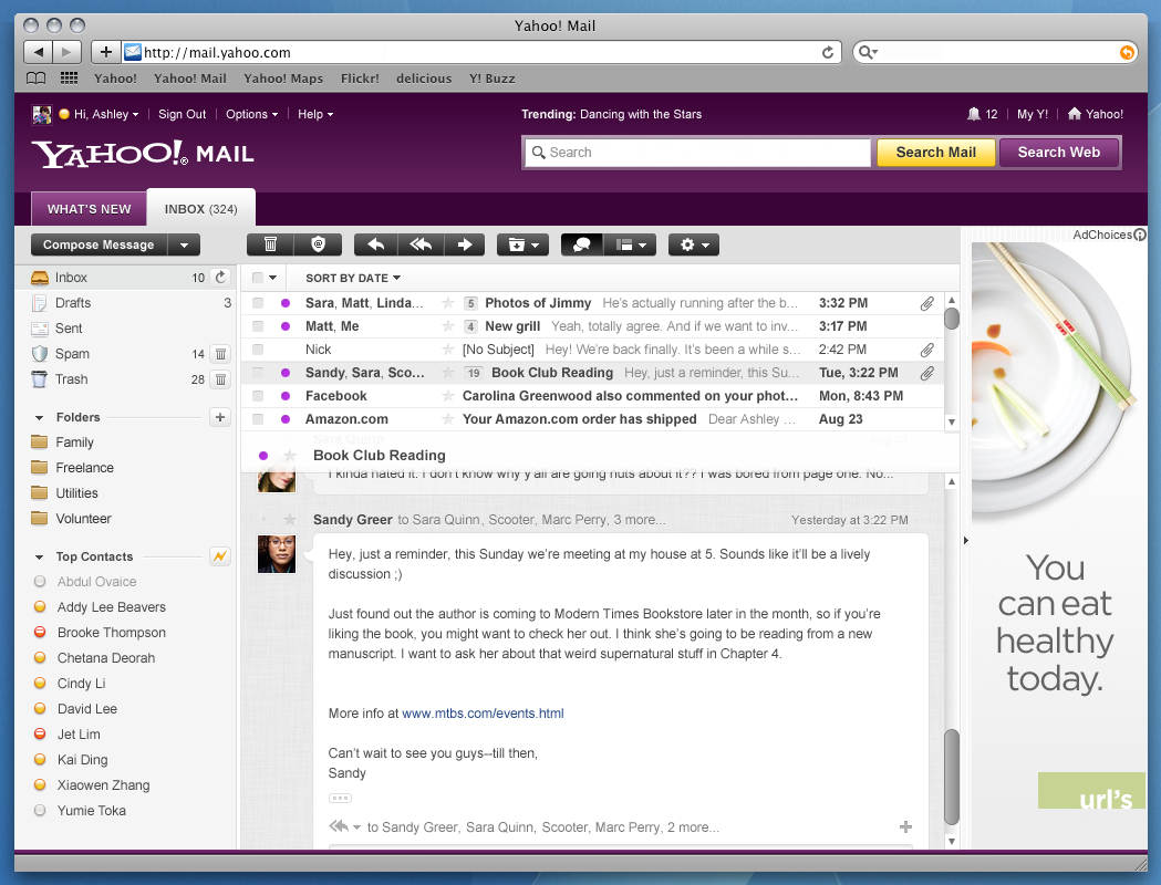 Yahoo Mail Conversations, showing Inbox (as a row) and conversation pane