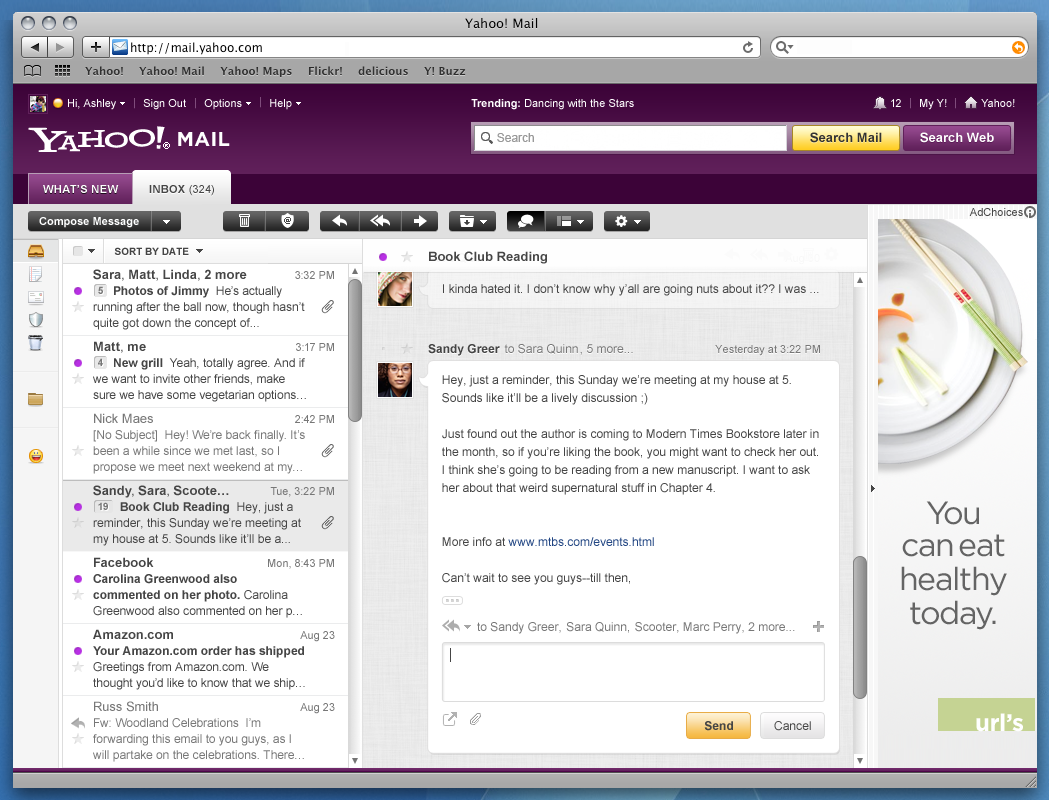 Yahoo Mail Conversations, showing Inbox (as a column) conversation pane