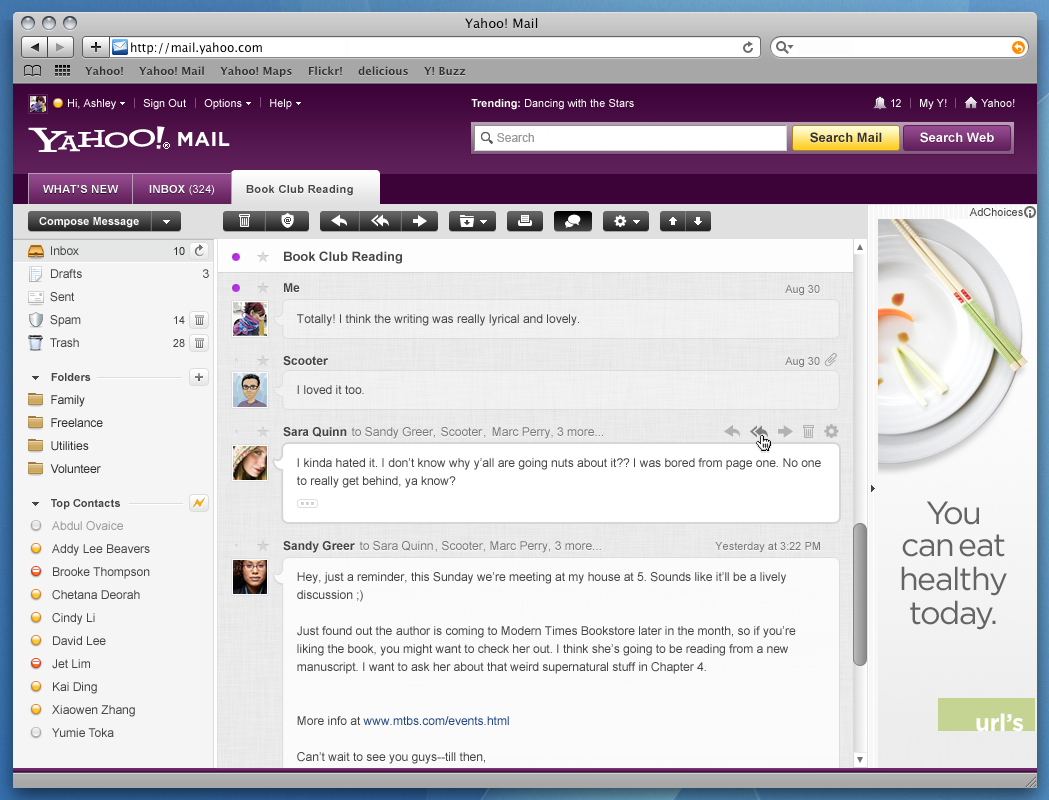 Yahoo Mail Conversations, showing hover state on the conversation menu